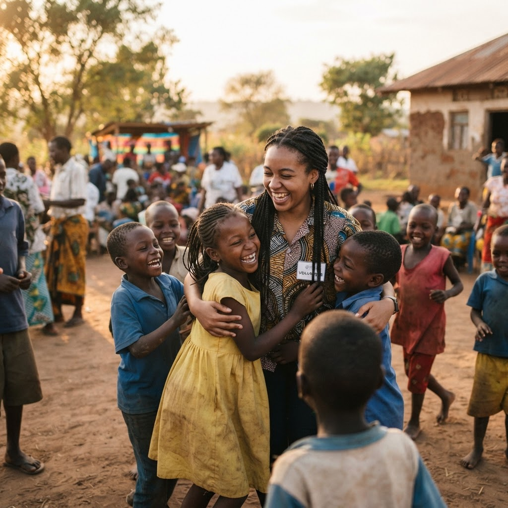 Volunteers and children from a community supported by Rafiki Foundation gathered together outdoors